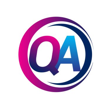 İlk harf QA şirket adı mavi ve morumsu renk daire ve swoosh tasarımı. İş ve şirket kimliği için vektör logosu.