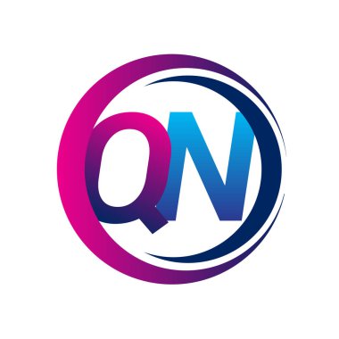 İlk harf logosu QN şirketi daire ve swoosh tasarımında mavi ve morumsu renkte. İş ve şirket kimliği için vektör logosu.