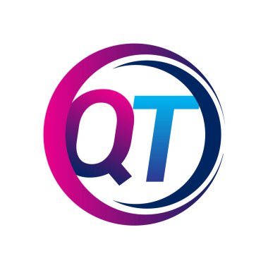 İlk harf QT şirketi daire ve swoosh tasarımında mavi ve morumsu renkte. İş ve şirket kimliği için vektör logosu.