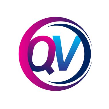 İlk harf QV şirketi daire ve swoosh tasarımında mavi ve morumsu renkte. İş ve şirket kimliği için vektör logosu.