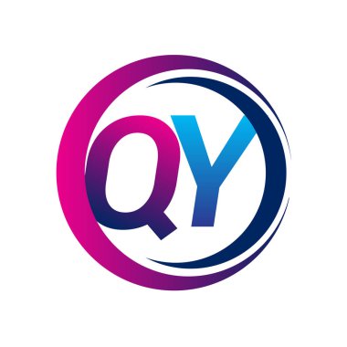 İlk harf logosu QY şirketi daire ve swoosh tasarımında mavi ve morumsu renkte. İş ve şirket kimliği için vektör logosu.