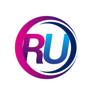 İlk harf logosu RU şirketinin dairesel ve eflatun dizaynlı mavi ve morumsu rengi. İş ve şirket kimliği için vektör logosu.
