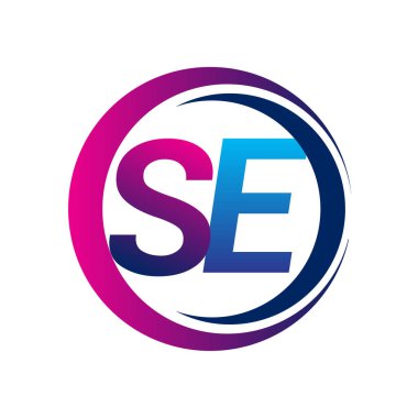 İlk harf logosu SE şirketinin daire ve swoosh tasarımında mavi ve morumsu rengi. İş ve şirket kimliği için vektör logosu.