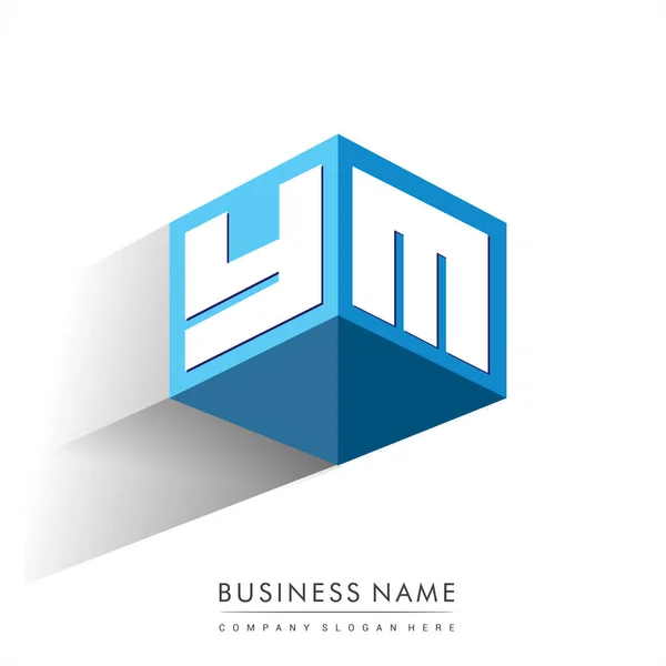 六边形蓝色背景字母Ym标识 带有公司标识字母设计的立方体标识 — 图库矢量图片