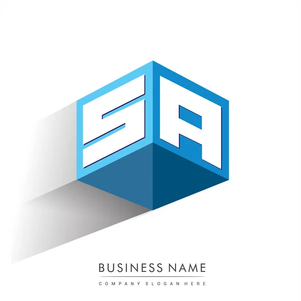 Carta Logotipo Forma Hexágono Fundo Azul Logotipo Cubo Com Design —  Vetores de Stock