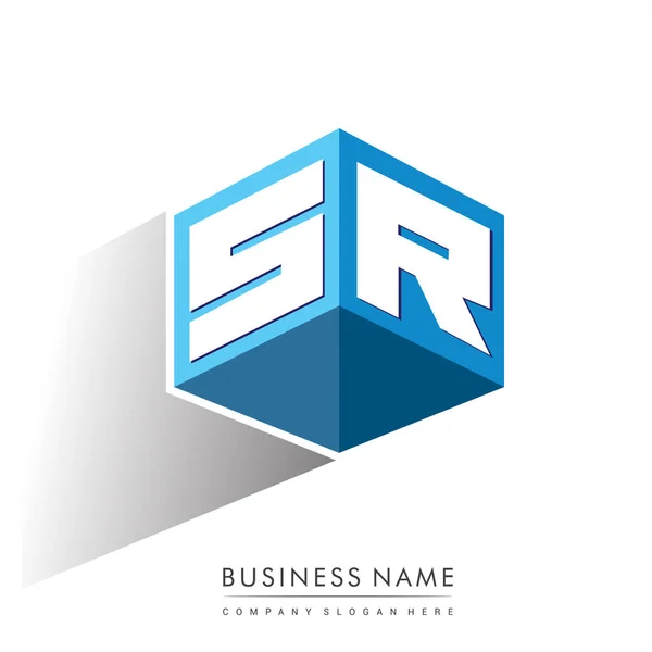 Lettera Logo Forma Esagono Sfondo Blu Logo Cubo Con Lettera — Vettoriale Stock