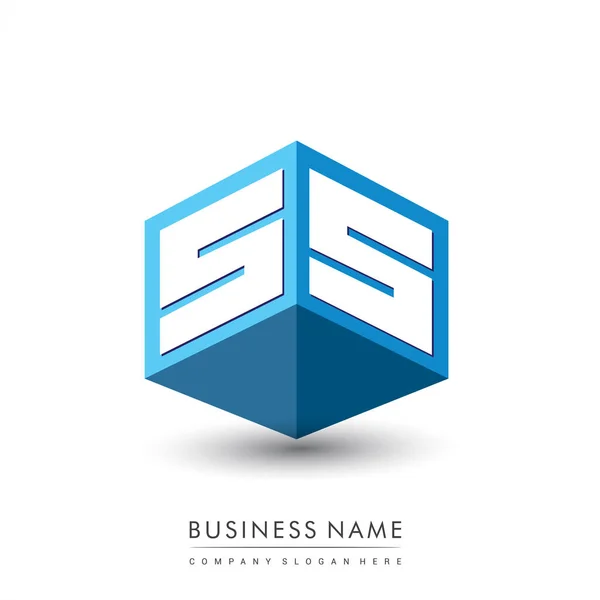 Logotipo Letra Forma Hexágono Fundo Azul Logotipo Cubo Com Design —  Vetores de Stock