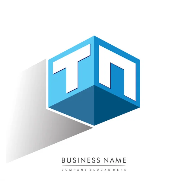 Carta Logotipo Forma Hexágono Fundo Azul Logotipo Cubo Com Design —  Vetores de Stock