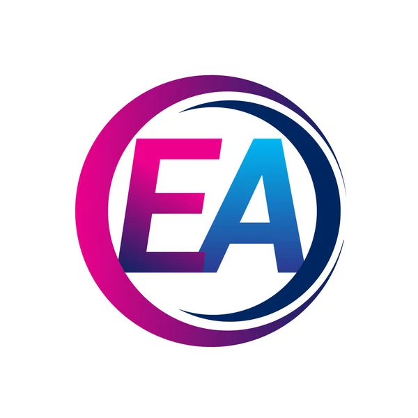 字母首字母标识Ea公司名称蓝色和洋红色在圆圈和Swoosh设计 企业和公司标识的向量标志类型 — 图库矢量图片