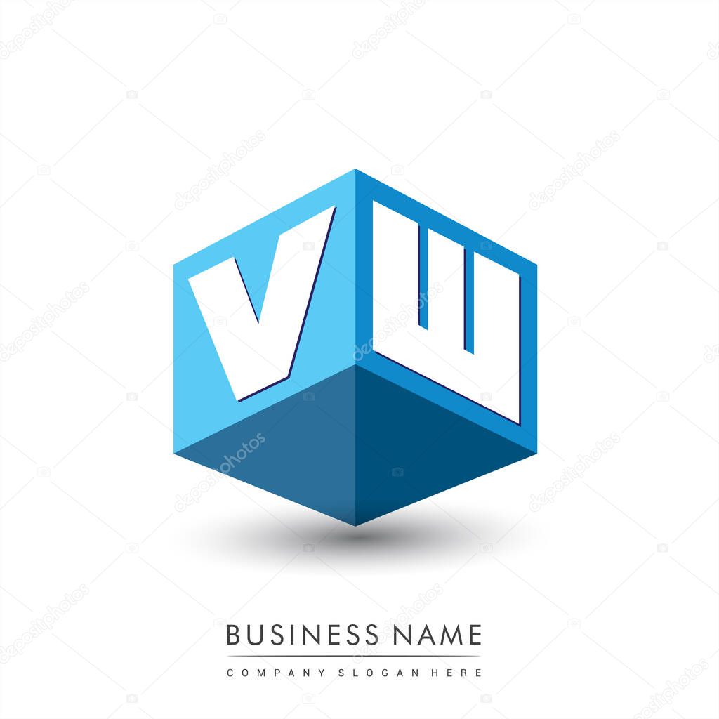 Letter VW logo in hexagon shape and blue background, cube logo with letter design for company identity.