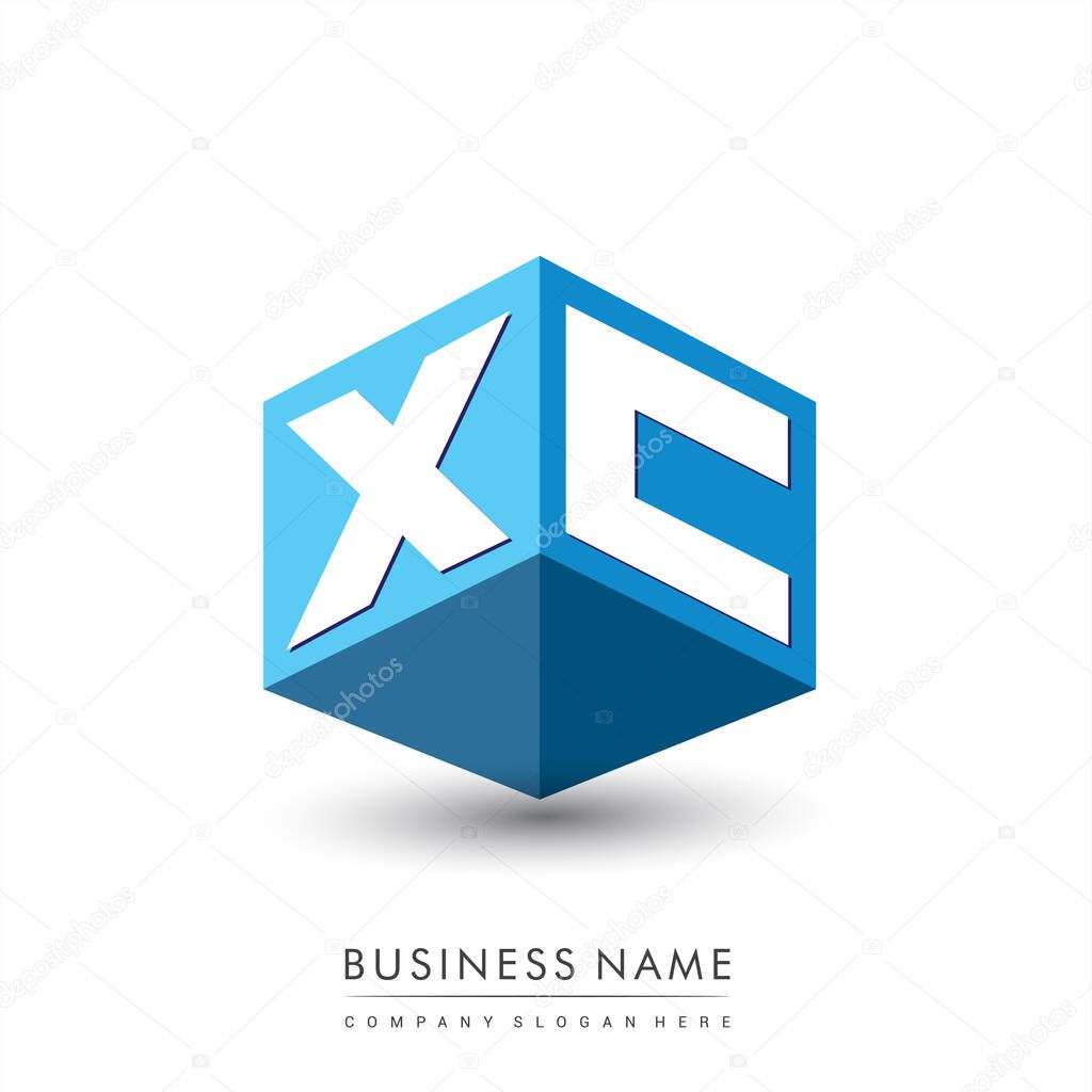 Letter XC logo in hexagon shape and blue background, cube logo with letter design for company identity.