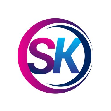 İlk harf logosu SK şirketi daire ve swoosh tasarımında mavi ve morumsu renkte. İş ve şirket kimliği için vektör logosu.