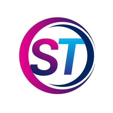 İlk harf logosu ST şirketi daire ve swoosh tasarımında mavi ve morumsu renkte. İş ve şirket kimliği için vektör logosu.