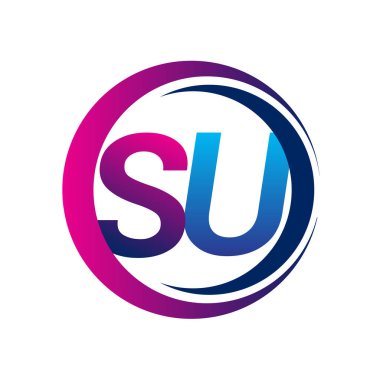 İlk harf logosu SU şirketinin daire ve swoosh tasarımında mavi ve morumsu rengi. İş ve şirket kimliği için vektör logosu.