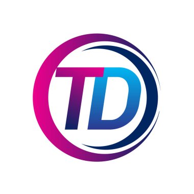 İlk harf logosu TD şirketinin dairesel ve eflatun dizaynlı mavi ve morumsu rengi. İş ve şirket kimliği için vektör logosu.