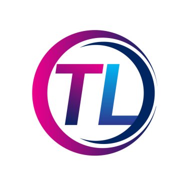 İlk harf logosu TL şirketi daire ve swoosh tasarımında mavi ve morumsu renkte. İş ve şirket kimliği için vektör logosu.