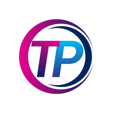 İlk harf logosu TP şirketi daire ve swoosh tasarımında mavi ve morumsu renkte. İş ve şirket kimliği için vektör logosu.