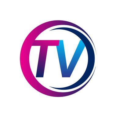 İlk harf logo TV şirketi dairesel ve eflatun dizaynlı mavi ve mor renkli. İş ve şirket kimliği için vektör logosu.