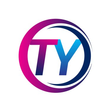 İlk harf TY şirket adı mavi ve morumsu renk daire ve swoosh tasarım. İş ve şirket kimliği için vektör logosu.