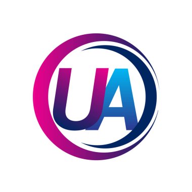 İlk harf logosu UA şirketinin daire ve swoosh tasarımında mavi ve morumsu rengi. İş ve şirket kimliği için vektör logosu.