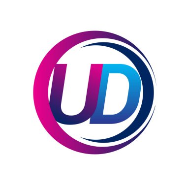 İlk harf logosu UD şirketi daire ve swoosh tasarımında mavi ve morumsu renkte. İş ve şirket kimliği için vektör logosu.