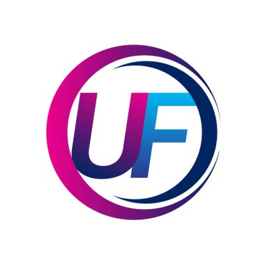 İlk harf logosu UF şirketi daire ve swoosh tasarımında mavi ve morumsu renkte. İş ve şirket kimliği için vektör logosu.