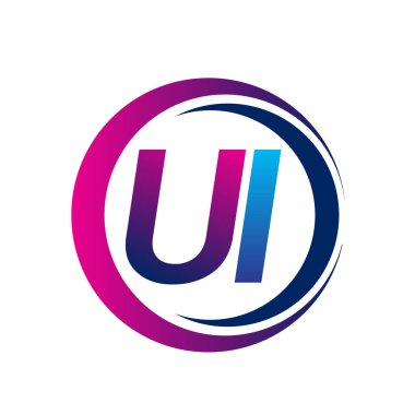 İlk harf logosu UI şirketi daire ve swoosh tasarımında mavi ve morumsu renkte. İş ve şirket kimliği için vektör logosu.