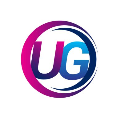 İlk harf logosu UG şirketi daire ve swoosh tasarımında mavi ve morumsu renkte. İş ve şirket kimliği için vektör logosu.