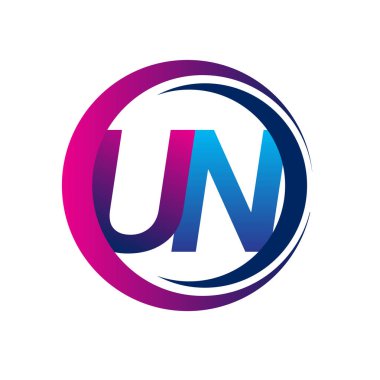 İlk harf logosu Birleşmiş Milletler şirketinin dairesel ve eflatun dizaynlı mavi ve mor rengi. İş ve şirket kimliği için vektör logosu.