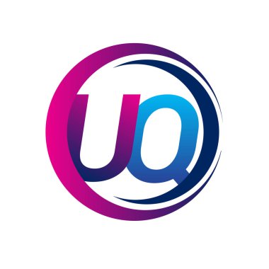 İlk harf logosu UQ şirketi daire ve swoosh tasarımında mavi ve morumsu renkte. İş ve şirket kimliği için vektör logosu.