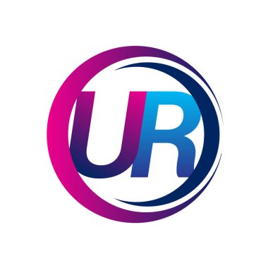 İlk harf logosu UR şirketi adı mavi ve morumsu renkli daire ve swoosh tasarımı. İş ve şirket kimliği için vektör logosu.