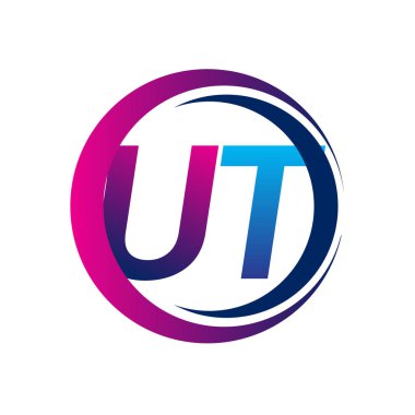 İlk harf logosu UT şirketinin daire ve swoosh tasarımında mavi ve morumsu rengi. İş ve şirket kimliği için vektör logosu.
