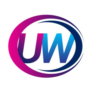 İlk harf logosu UW şirketi daire ve swoosh tasarımında mavi ve morumsu renkte. İş ve şirket kimliği için vektör logosu.
