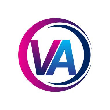 İlk harf logosu VA şirketinin dairesel ve eflatun dizaynlı mavi ve morumsu rengi. İş ve şirket kimliği için vektör logosu.