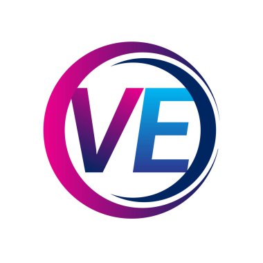 İlk harf logosu VE şirketi mavi ve morumsu renkte daire ve swoosh tasarımlı. İş ve şirket kimliği için vektör logosu.