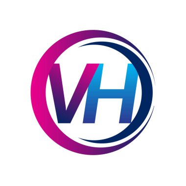 İlk harf logosu VH şirketi daire ve swoosh tasarımında mavi ve morumsu renkte. İş ve şirket kimliği için vektör logosu.