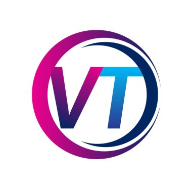 İlk harf logosu VT şirketinin dairesel ve eflatun dizaynlı mavi ve morumsu rengi. İş ve şirket kimliği için vektör logosu.