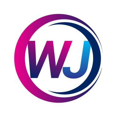 İlk harf logosu WJ şirketinin dairesel ve eflatun dizaynlı mavi ve morumsu rengi. İş ve şirket kimliği için vektör logosu.