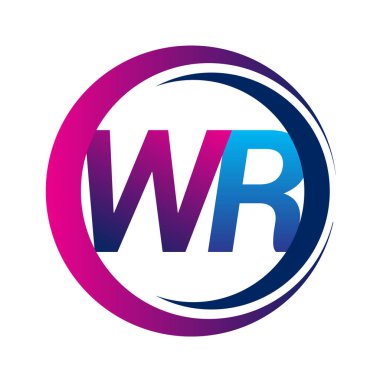 İlk harf logosu WR şirketinin dairesel ve eflatun dizaynlı mavi ve morumsu rengi. İş ve şirket kimliği için vektör logosu.