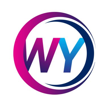 İlk harf logosu WY şirketinin daire ve swoosh tasarımında mavi ve morumsu rengi. İş ve şirket kimliği için vektör logosu.