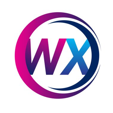 İlk harf logosu WX şirketi daire ve swoosh tasarımında mavi ve morumsu renkte. İş ve şirket kimliği için vektör logosu.