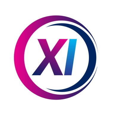 İlk harf logosu XI şirketi daire ve swoosh tasarımında mavi ve morumsu renkte. İş ve şirket kimliği için vektör logosu.