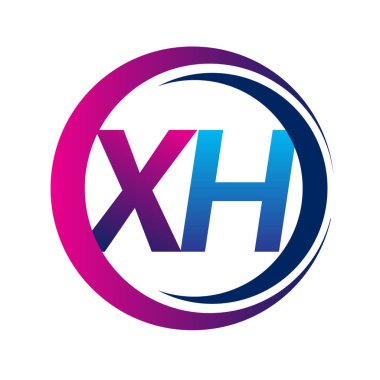 İlk harf logosu XH şirketi daire ve swoosh tasarımında mavi ve morumsu renkte. İş ve şirket kimliği için vektör logosu.