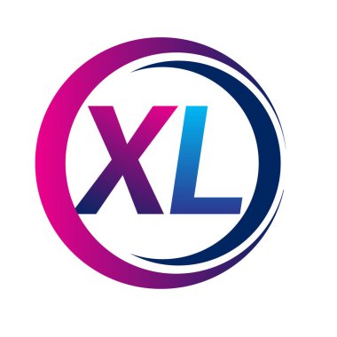 İlk harf logosu XL şirketi daire ve swoosh tasarımında mavi ve morumsu renkte. İş ve şirket kimliği için vektör logosu.