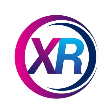 İlk harf logosu XR şirketi daire ve swoosh tasarımında mavi ve morumsu renkte. İş ve şirket kimliği için vektör logosu.