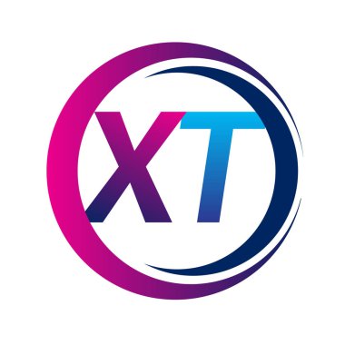 İlk harf logosu XT şirketinin daire ve swoosh tasarımında mavi ve morumsu rengi. İş ve şirket kimliği için vektör logosu.
