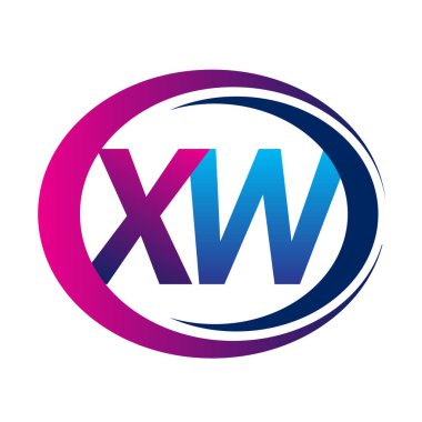 İlk harf logosu XW şirketi daire ve swoosh tasarımında mavi ve morumsu renkte. İş ve şirket kimliği için vektör logosu.