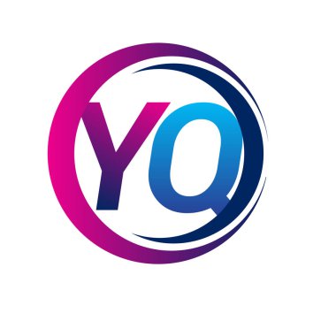 İlk harf logosu YQ şirketi daire ve swoosh tasarımında mavi ve morumsu renkte. İş ve şirket kimliği için vektör logosu.