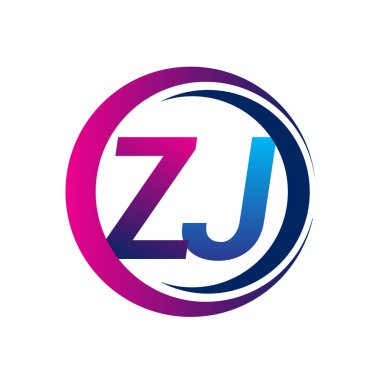 İlk harf logosu ZJ şirketinin dairesel ve eflatun dizaynlı mavi ve morumsu rengi. İş ve şirket kimliği için vektör logosu.