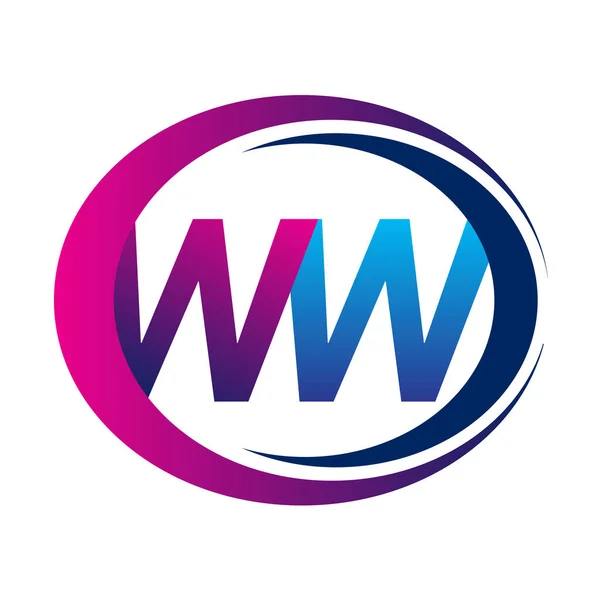 首字母标识Ww公司名称蓝色和洋红色在圆形和斜纹图案上 企业和公司标识的向量标志类型 — 图库矢量图片